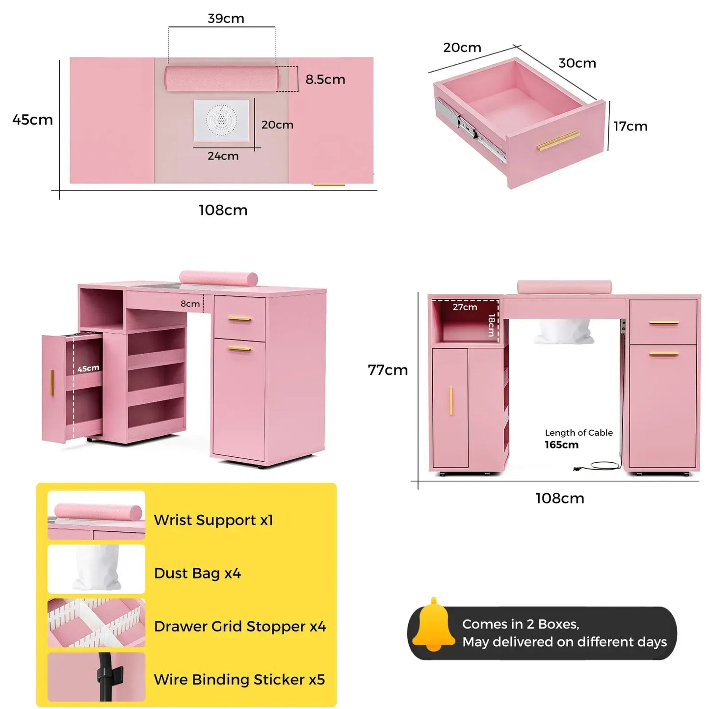 Pink Manicure Table with Electric Dust Collector and Storage, 108x45x77cm - Image 3
