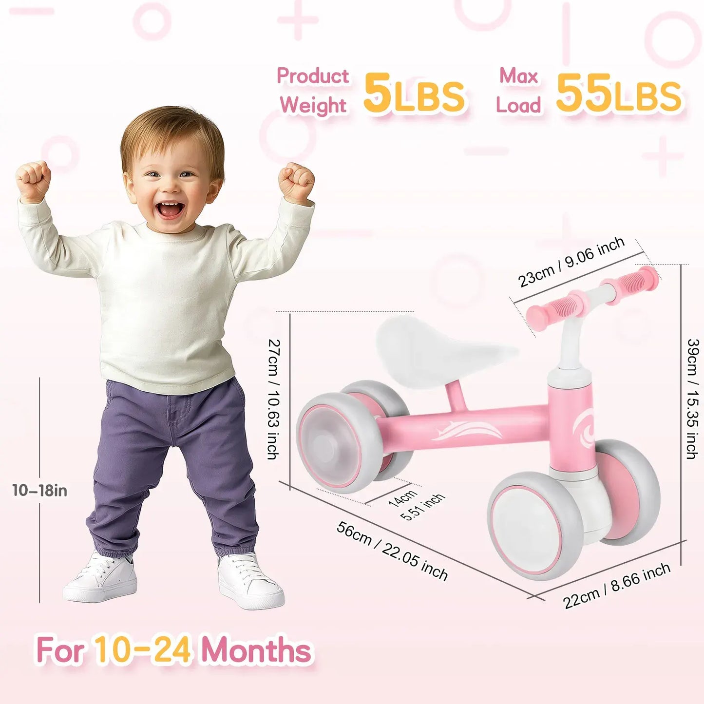 Pink Baby Balance Bike with LED Lights, 55x23x39cm, Suitable for Toddlers Aged 12-36 Months - Image 6
