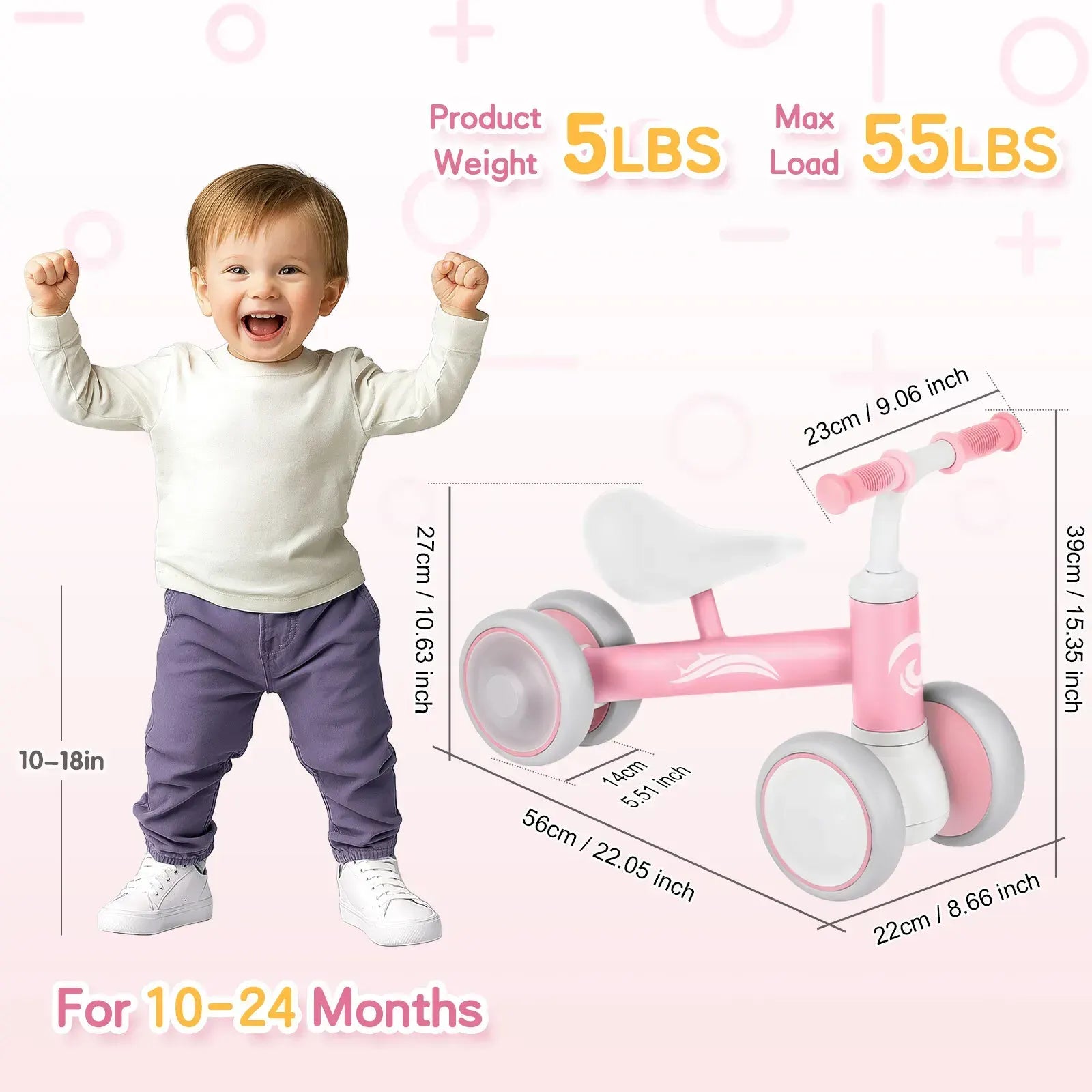 Pink Baby Balance Bike with LED Lights, 55x23x39cm, Suitable for Toddlers Aged 12-36 Months - Image 6