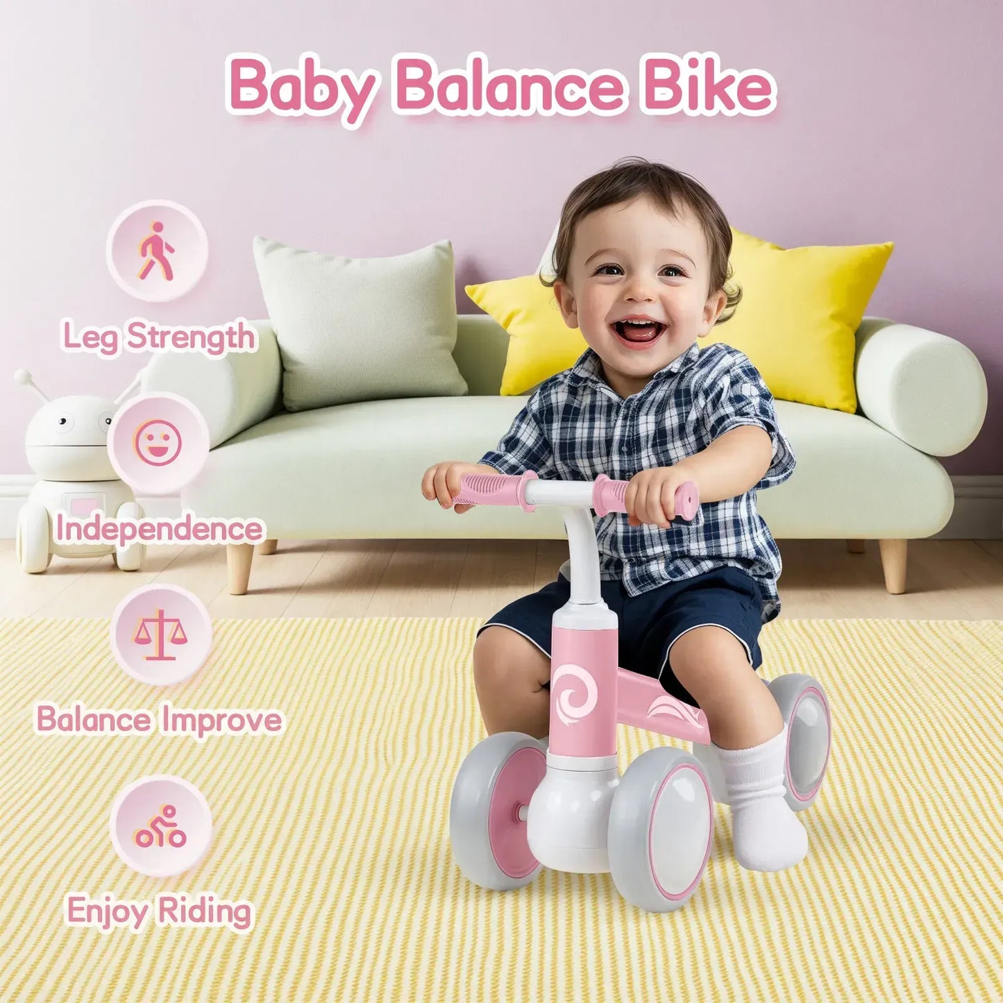 Pink Baby Balance Bike with LED Lights, 55x23x39cm, Suitable for Toddlers Aged 12-36 Months - Image 7