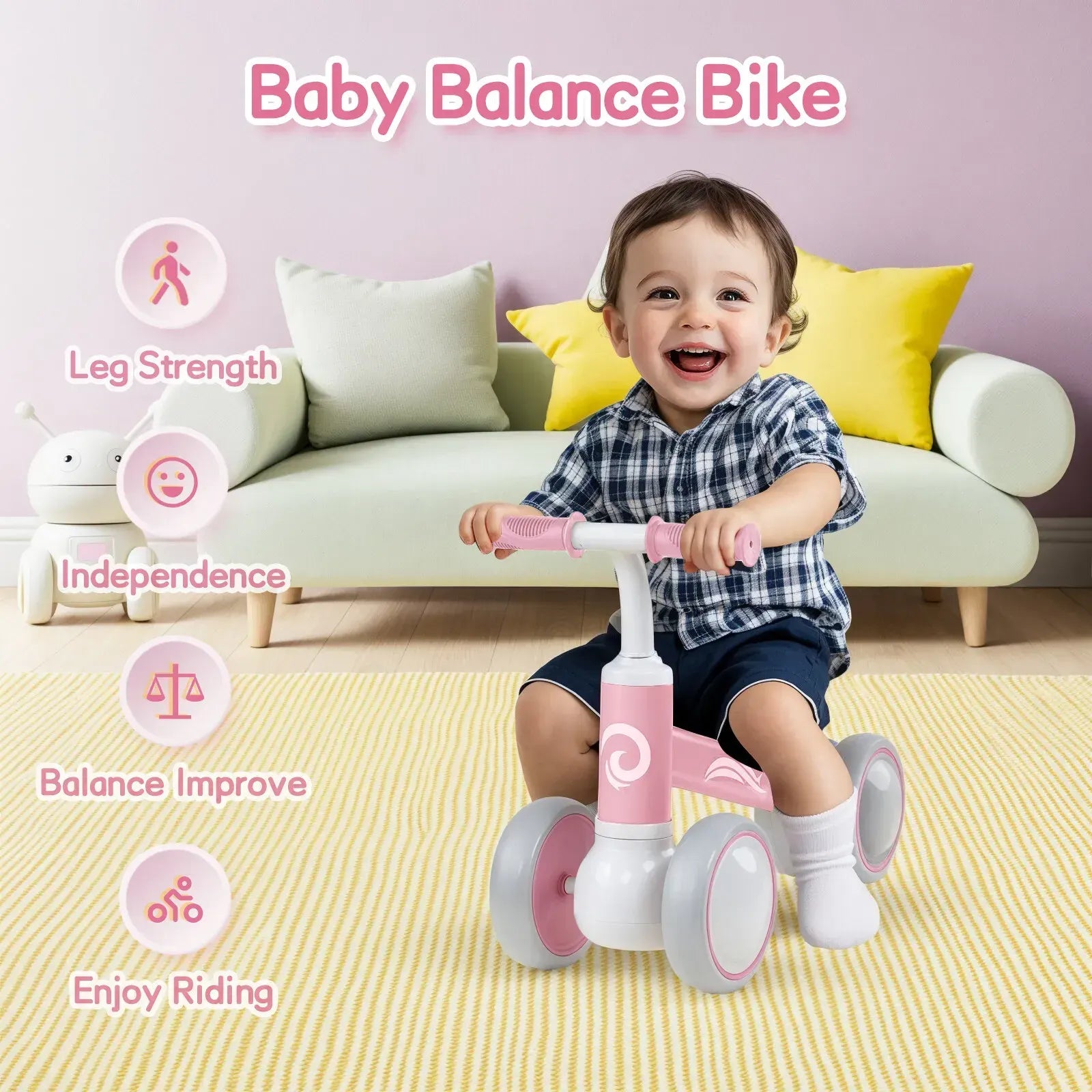 Pink Baby Balance Bike with LED Lights, 55x23x39cm, Suitable for Toddlers Aged 12-36 Months - Image 7
