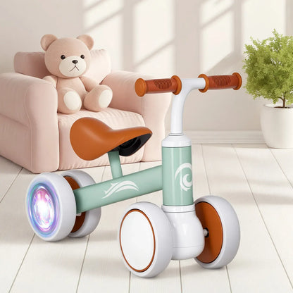 Green Baby Balance Bike with LED Lights, 4 Wheels, Lightweight Design for Toddlers