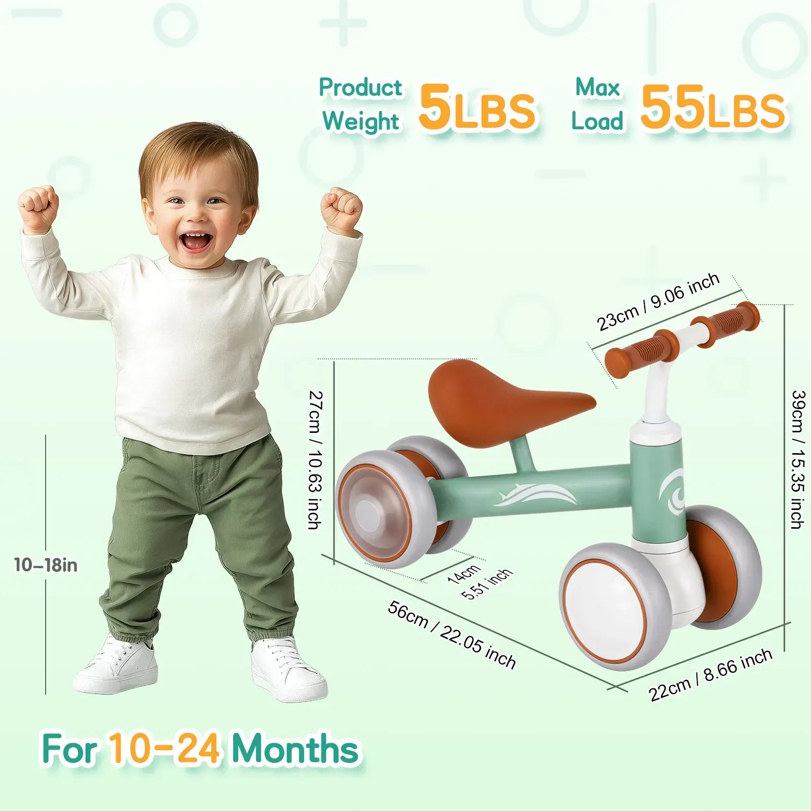Green Baby Balance Bike with LED Lights, 4 Wheels, Lightweight Design for Toddlers - Image 4