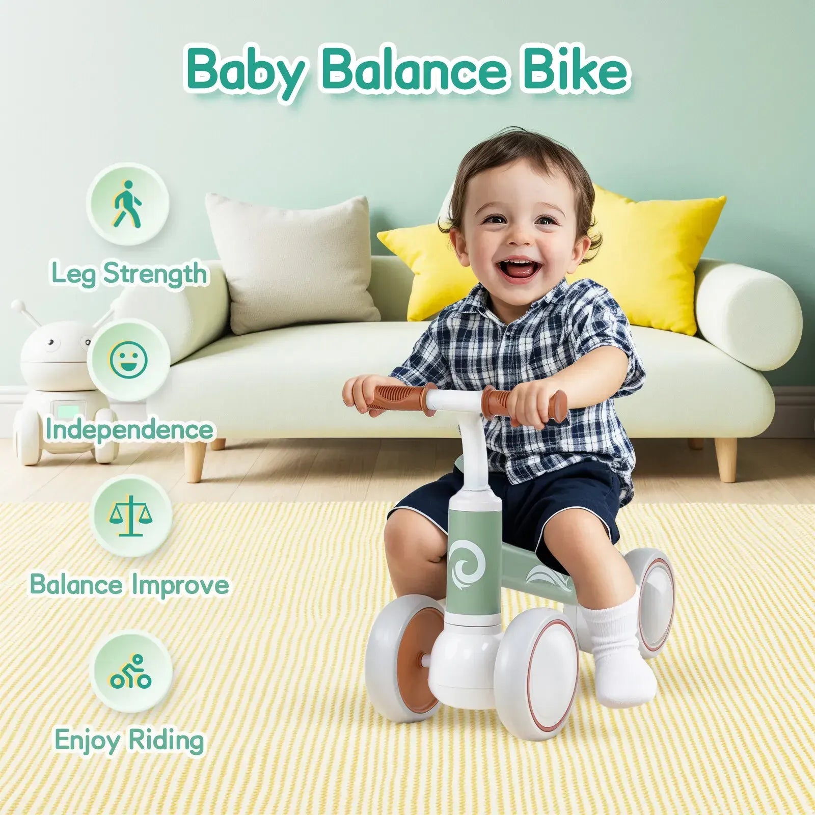 Green Baby Balance Bike with LED Lights, 4 Wheels, Lightweight Design for Toddlers - Image 5
