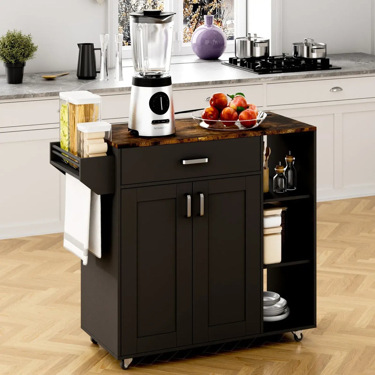 Kitchen Island Cart on Wheels with Charging Station, Black, 83x38x82cm - Image 2