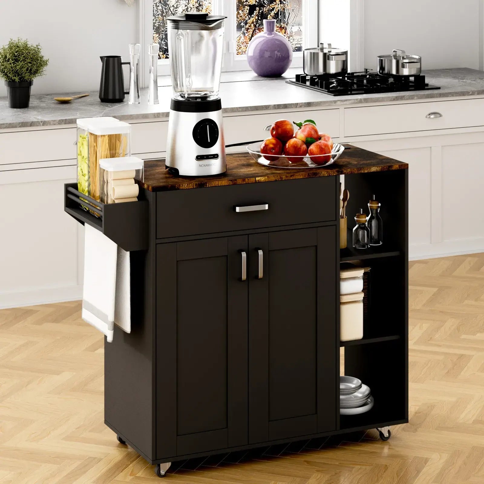 Kitchen Island Cart on Wheels with Charging Station, Black, 83x38x82cm - Image 2