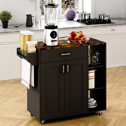 Kitchen Island Cart on Wheels with Charging Station, Black, 83x38x82cm - Image 2