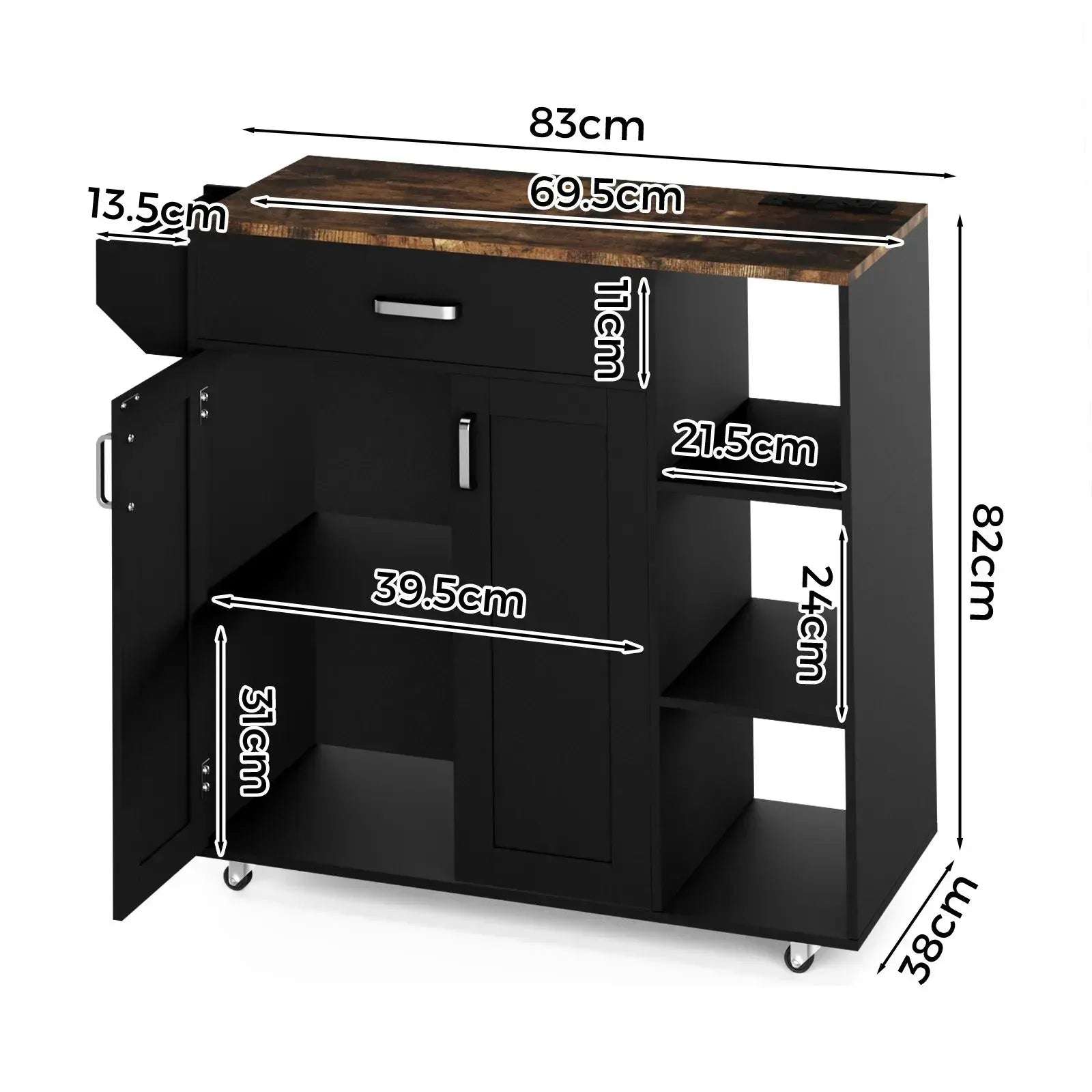 Kitchen Island Cart on Wheels with Charging Station, Black, 83x38x82cm - Image 4