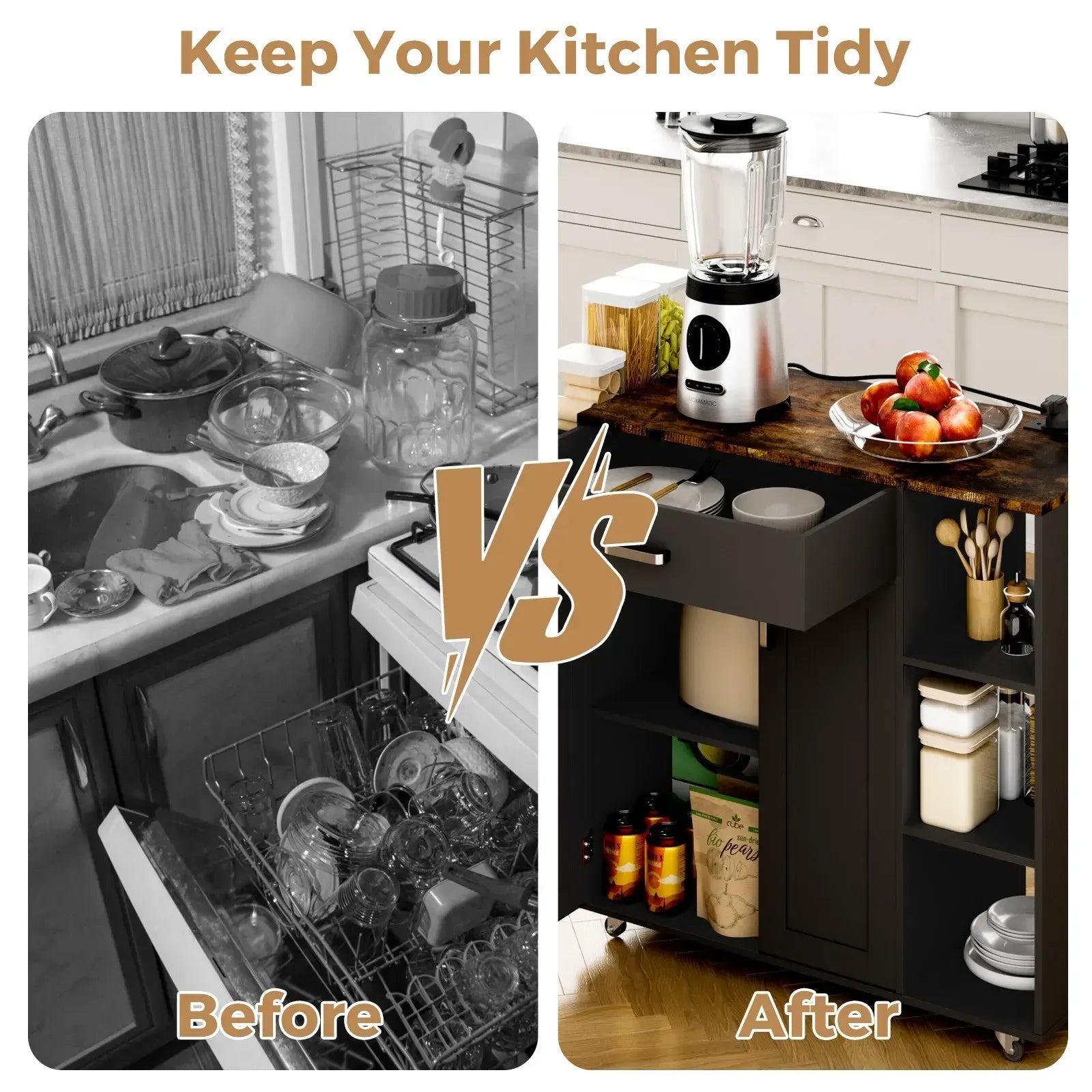 Kitchen Island Cart on Wheels with Charging Station, Black, 83x38x82cm - Image 6