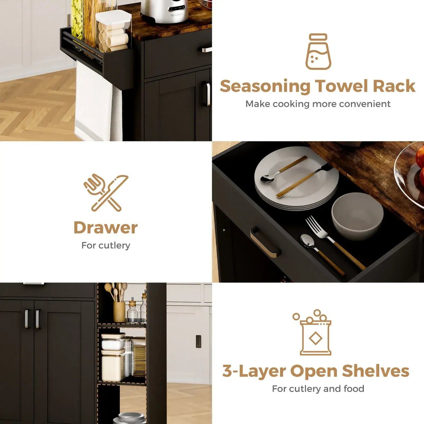 Kitchen Island Cart on Wheels with Charging Station, Black, 83x38x82cm - Image 7