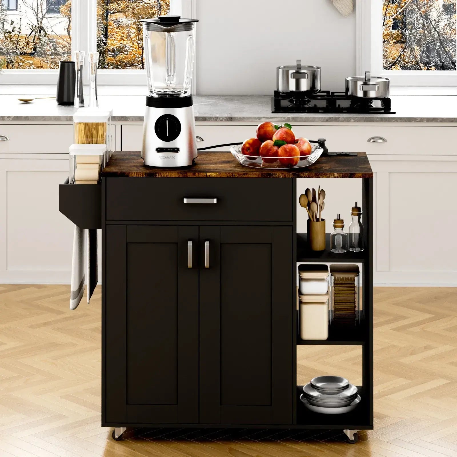 Kitchen Island Cart on Wheels with Charging Station, Black, 83x38x82cm - Image 8