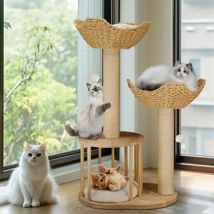 Large Cat Scratching Post Tree Tower with Baskets and Cubby Cave in Natural Wood & White, 60x40x99cm