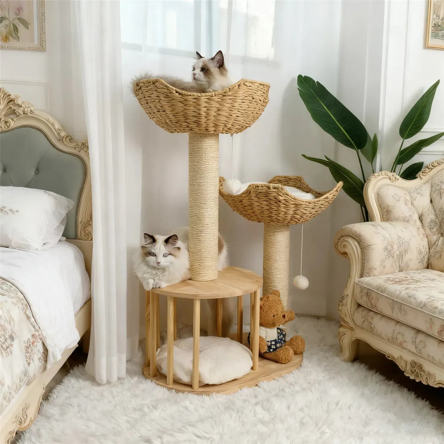 Large Cat Scratching Post Tree Tower with Baskets and Cubby Cave in Natural Wood & White, 60x40x99cm - Image 2