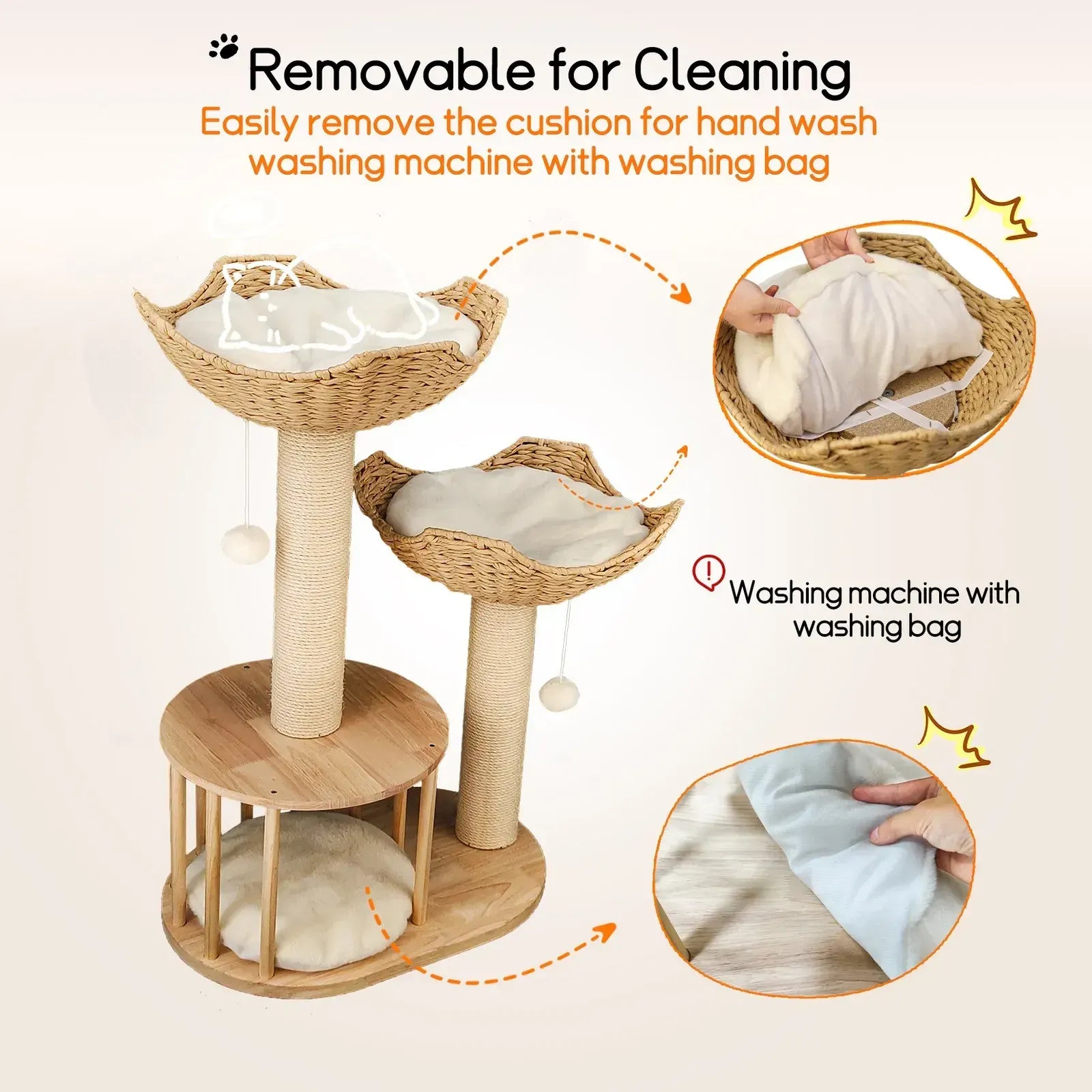 Large Cat Scratching Post Tree Tower with Baskets and Cubby Cave in Natural Wood & White, 60x40x99cm - Image 3
