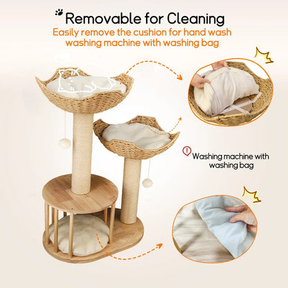Large Cat Scratching Post Tree Tower with Baskets and Cubby Cave in Natural Wood & White, 60x40x99cm - Image 3