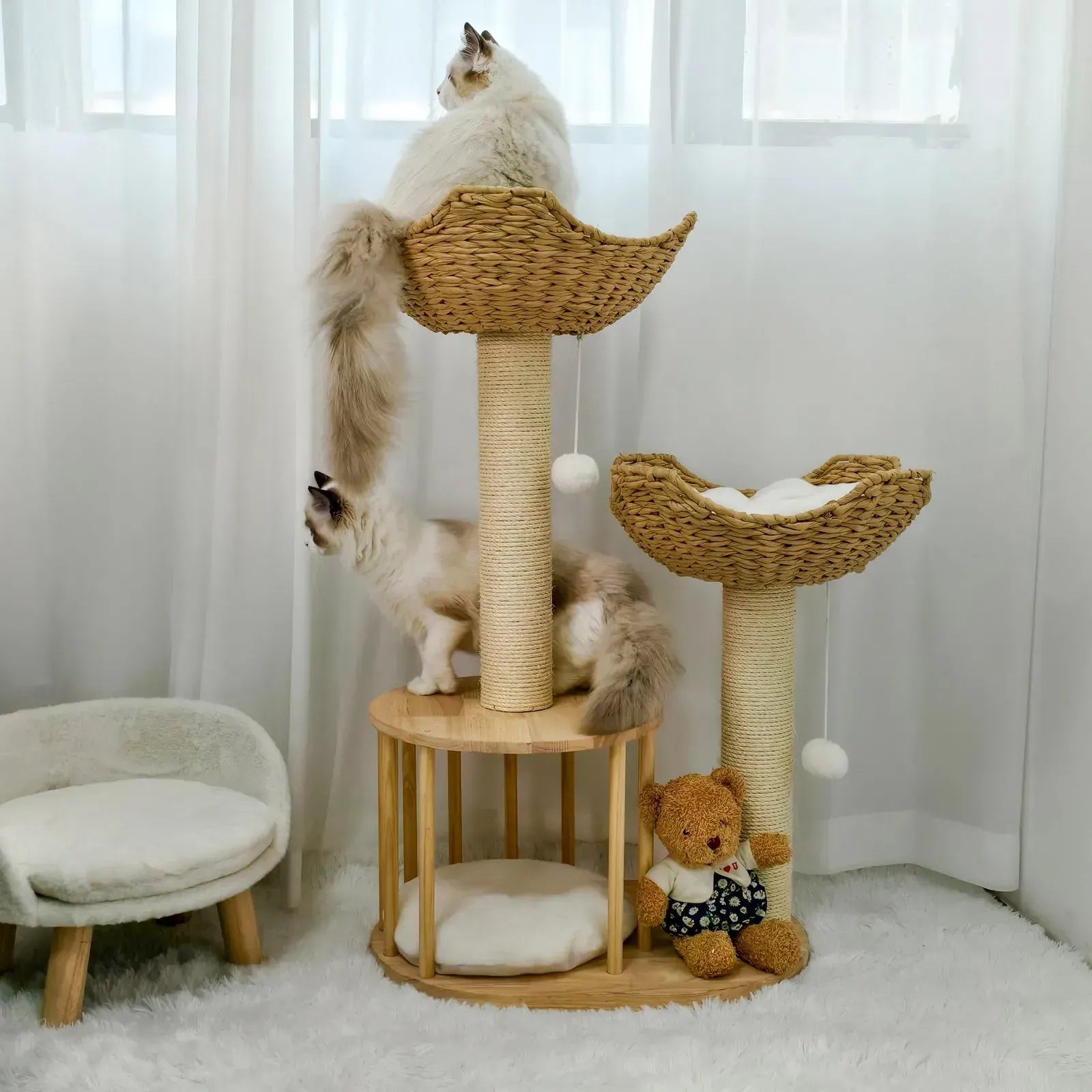 Large Cat Scratching Post Tree Tower with Baskets and Cubby Cave in Natural Wood & White, 60x40x99cm - Image 4