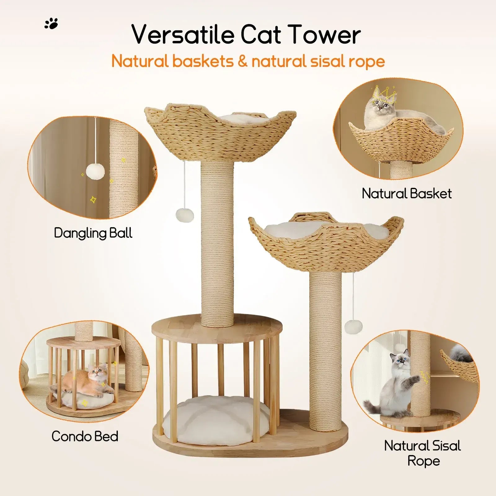 Large Cat Scratching Post Tree Tower with Baskets and Cubby Cave in Natural Wood & White, 60x40x99cm - Image 5