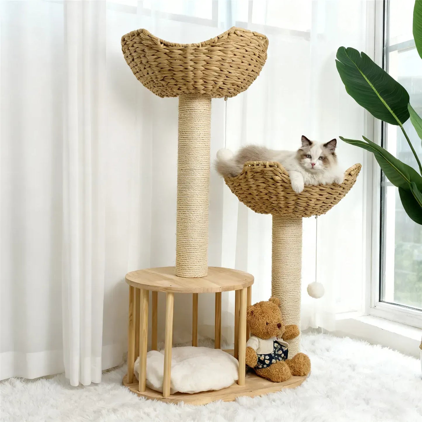 Large Cat Scratching Post Tree Tower with Baskets and Cubby Cave in Natural Wood & White, 60x40x99cm - Image 6