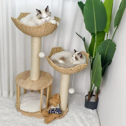 Large Cat Scratching Post Tree Tower with Baskets and Cubby Cave in Natural Wood & White, 60x40x99cm - Image 7