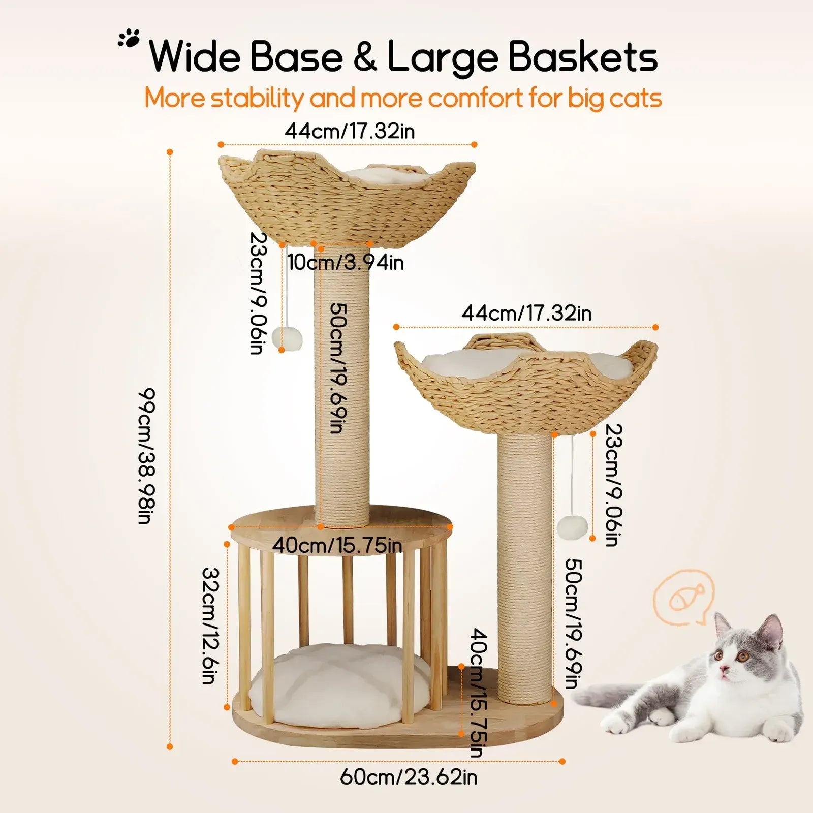 Large Cat Scratching Post Tree Tower with Baskets and Cubby Cave in Natural Wood & White, 60x40x99cm - Image 8