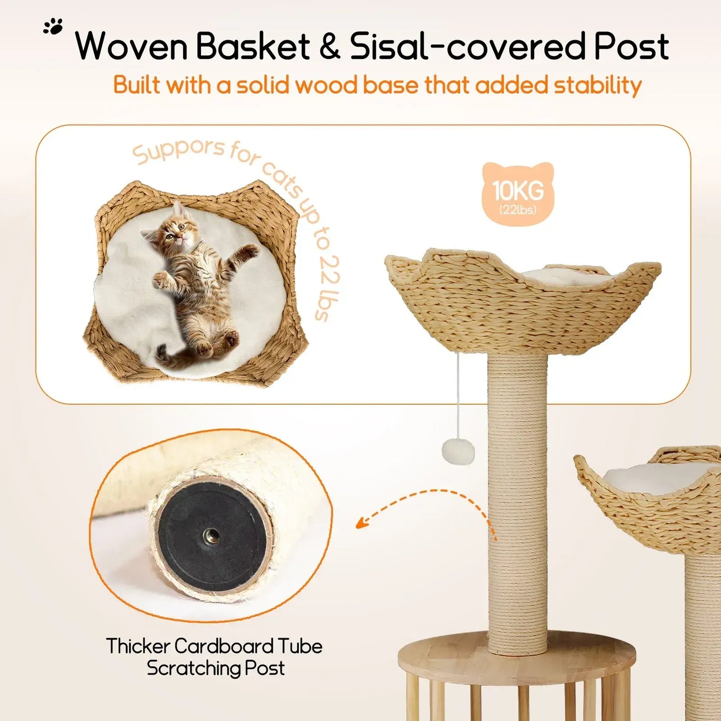 Large Cat Scratching Post Tree Tower with Baskets and Cubby Cave in Natural Wood & White, 60x40x99cm - Image 9