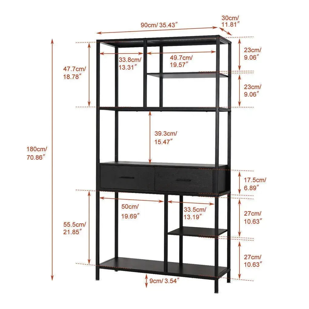 Metal Bookcase With Drawers, Dark Walnut & Black, 90x30x180cm, 6 Shelves - Image 3