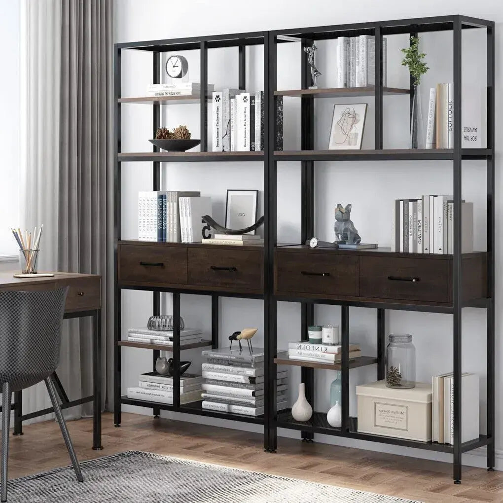 Metal Bookcase With Drawers, Dark Walnut & Black, 90x30x180cm, 6 Shelves - Image 4