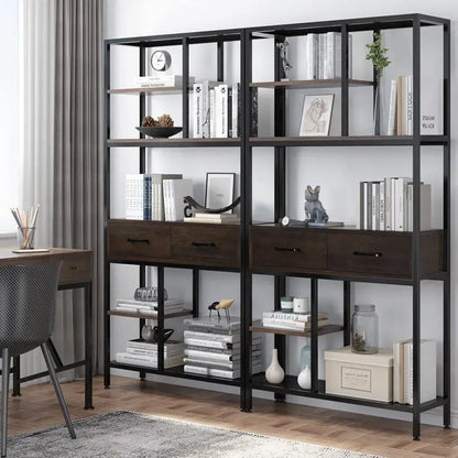 Metal Bookcase With Drawers, Dark Walnut & Black, 90x30x180cm, 6 Shelves - Image 4