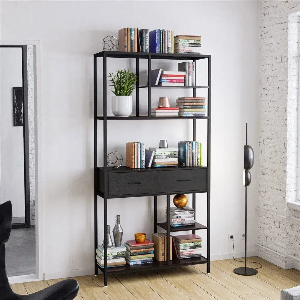 Metal Bookcase With Drawers, Dark Walnut & Black, 90x30x180cm, 6 Shelves - Image 5