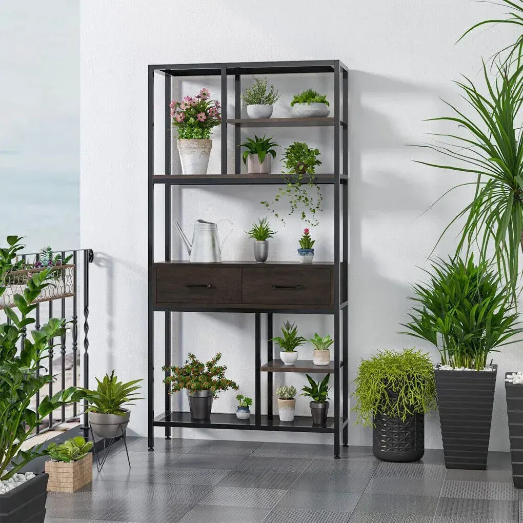 Metal Bookcase With Drawers, Dark Walnut & Black, 90x30x180cm, 6 Shelves - Image 6