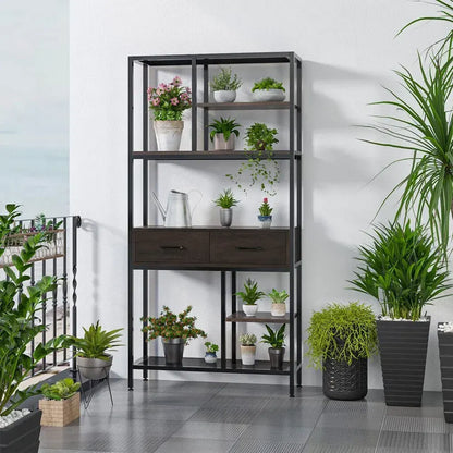 Metal Bookcase With Drawers, Dark Walnut & Black, 90x30x180cm, 6 Shelves - Image 6