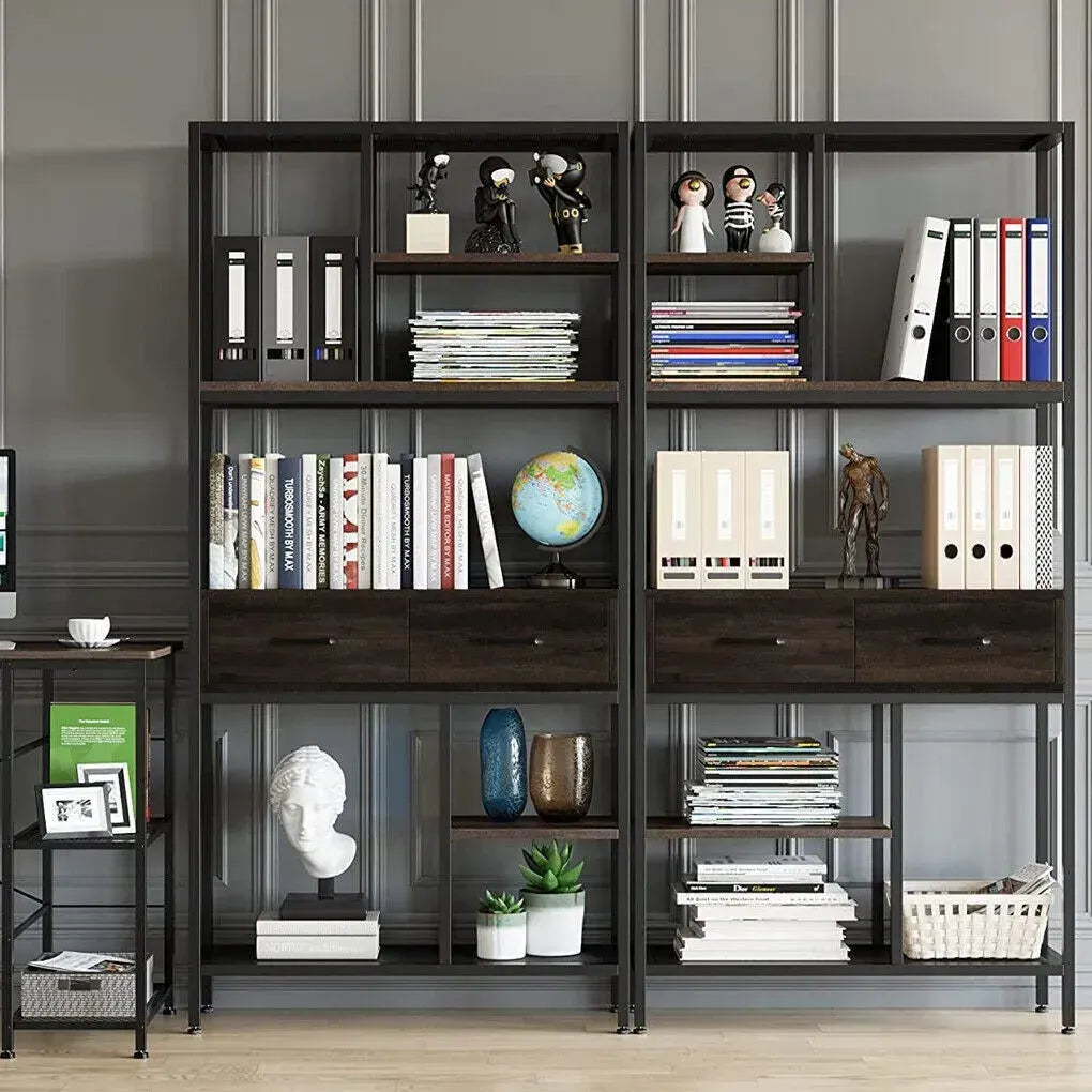 Metal Bookcase With Drawers, Dark Walnut & Black, 90x30x180cm, 6 Shelves - Image 7