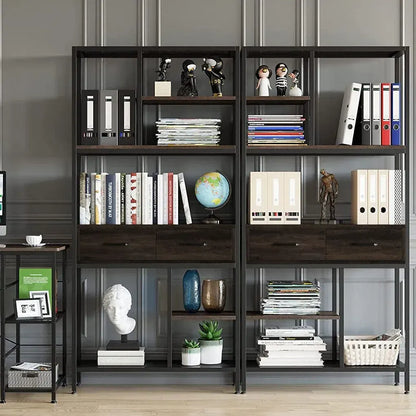Metal Bookcase With Drawers, Dark Walnut & Black, 90x30x180cm, 6 Shelves - Image 7