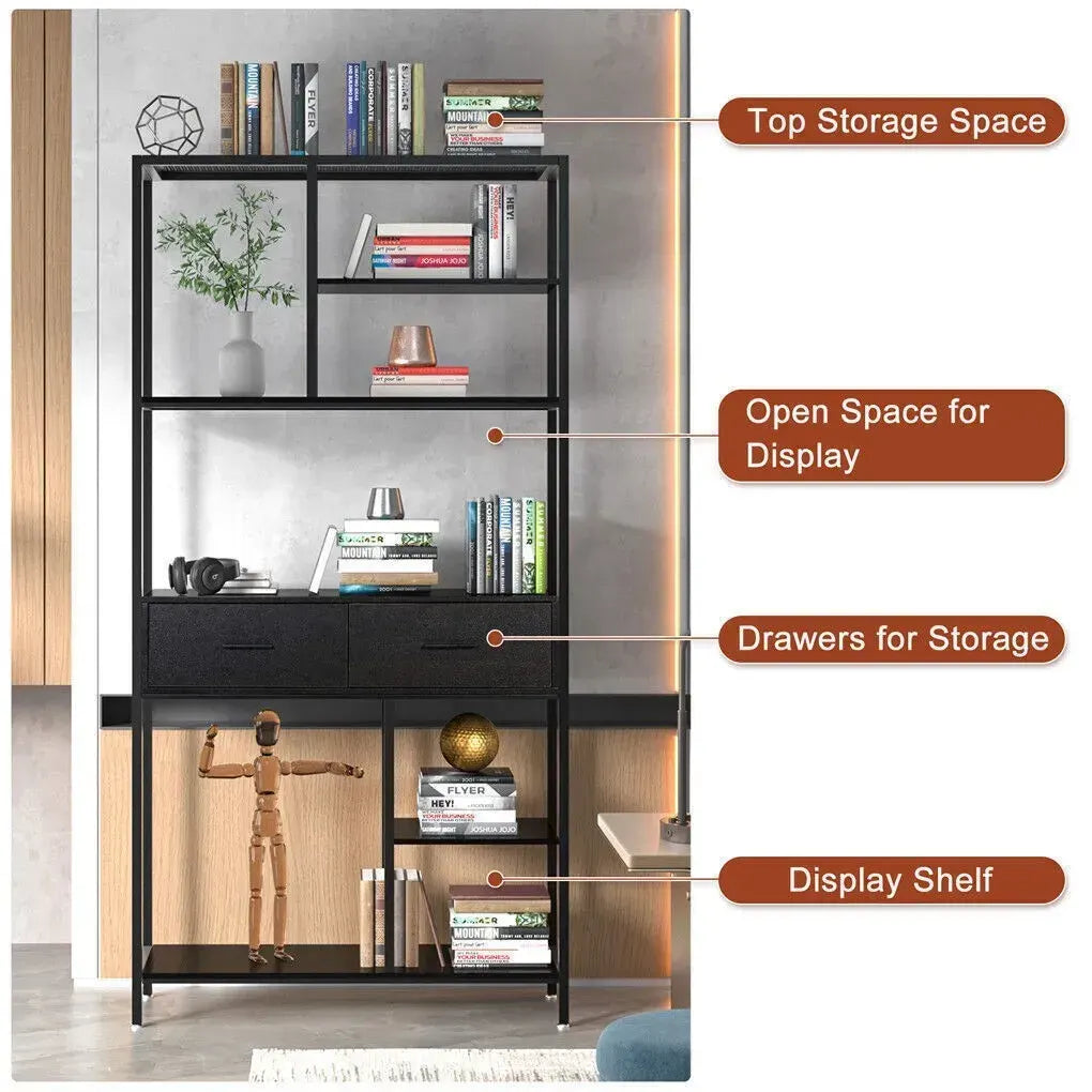 Metal Bookcase With Drawers, Dark Walnut & Black, 90x30x180cm, 6 Shelves - Image 8