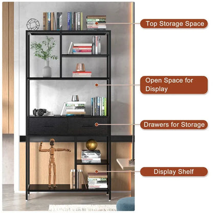 Metal Bookcase With Drawers, Dark Walnut & Black, 90x30x180cm, 6 Shelves - Image 8