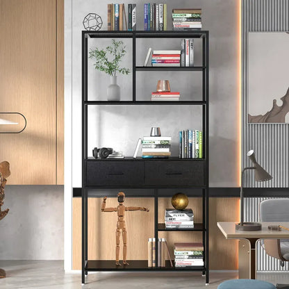 Metal Bookcase With Drawers, Dark Walnut & Black, 90x30x180cm, 6 Shelves - Image 9