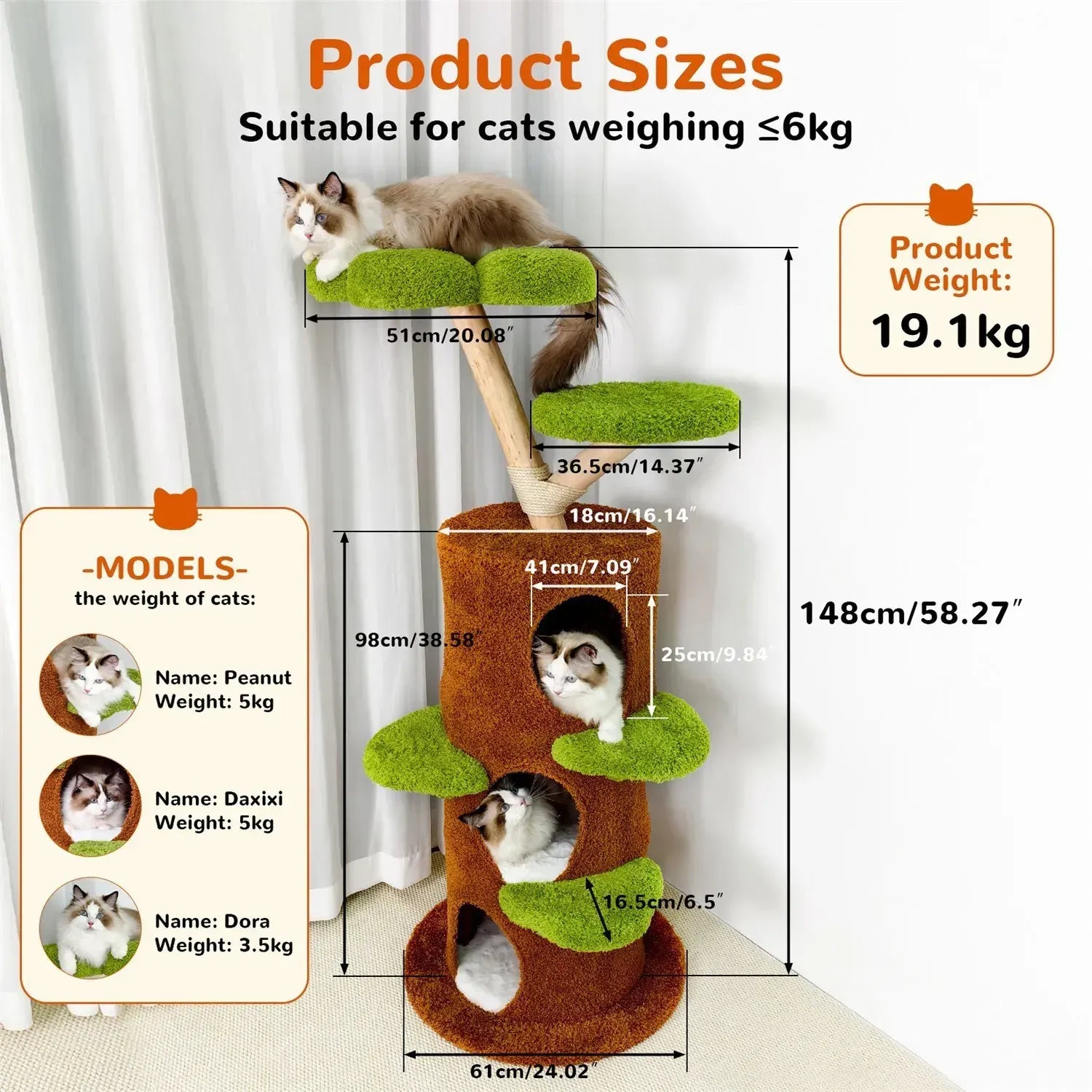 Large Multi-Level Cat Tree Tower in Green & Brown with Plush and Wood Design, 61x148cm - Image 2