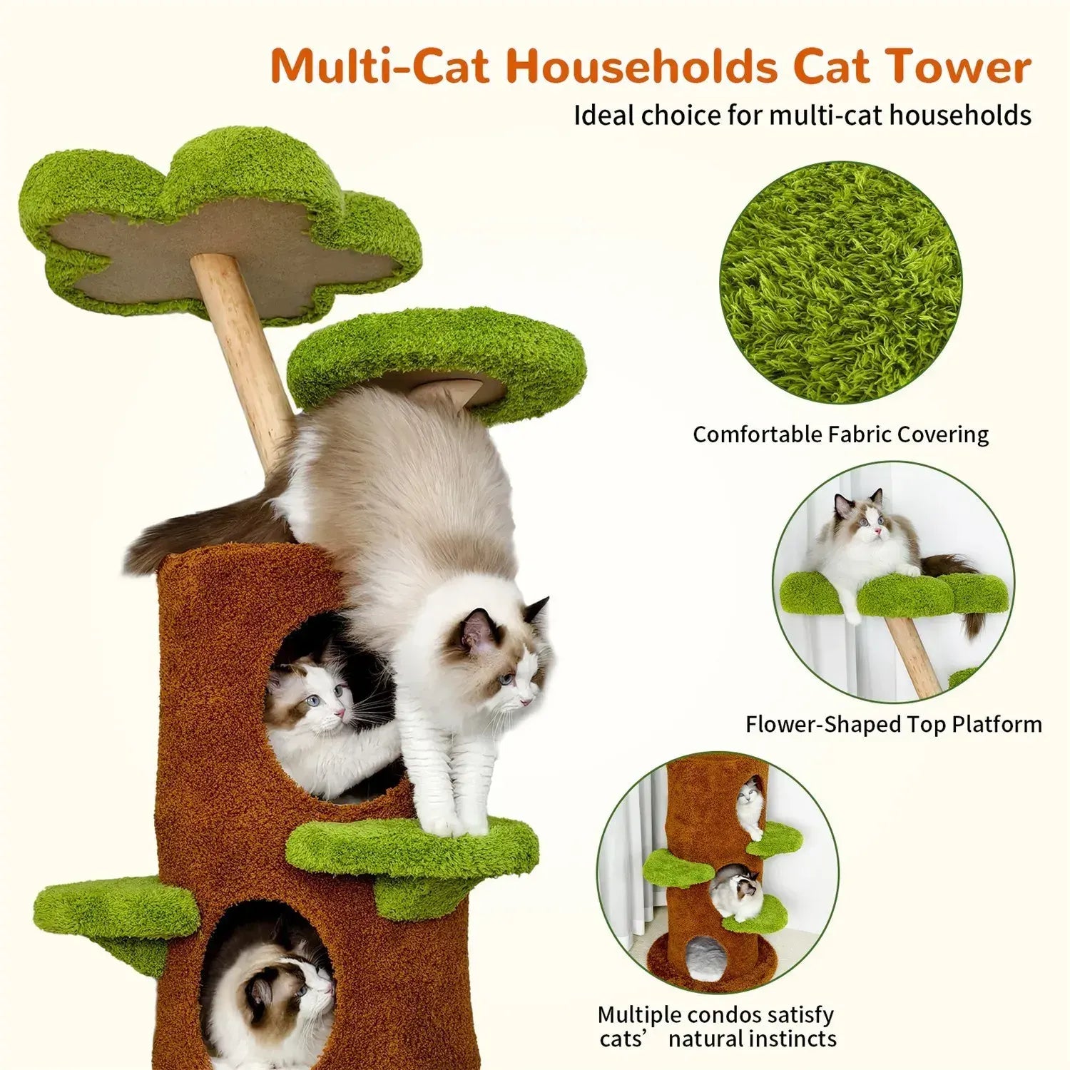 Large Multi-Level Cat Tree Tower in Green & Brown with Plush and Wood Design, 61x148cm - Image 3
