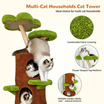 Large Multi-Level Cat Tree Tower in Green & Brown with Plush and Wood Design, 61x148cm - Image 3