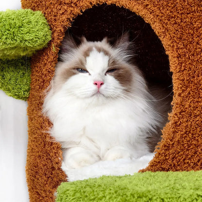 Large Multi-Level Cat Tree Tower in Green & Brown with Plush and Wood Design, 61x148cm - Image 4