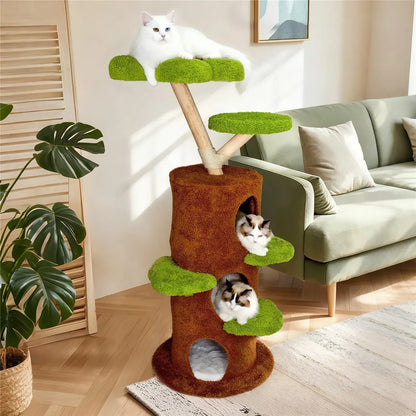 Large Multi-Level Cat Tree Tower in Green & Brown with Plush and Wood Design, 61x148cm - Image 5