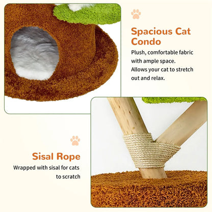 Large Multi-Level Cat Tree Tower in Green & Brown with Plush and Wood Design, 61x148cm - Image 6