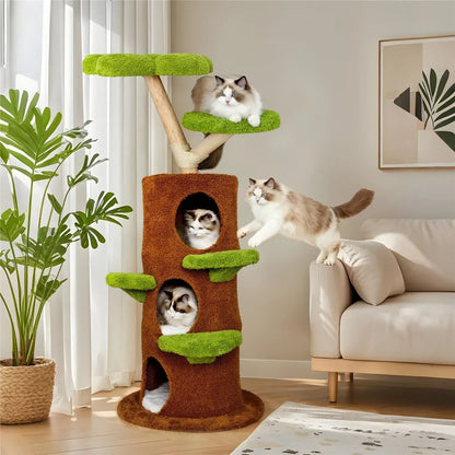 Large Multi-Level Cat Tree Tower in Green & Brown with Plush and Wood Design, 61x148cm - Image 7