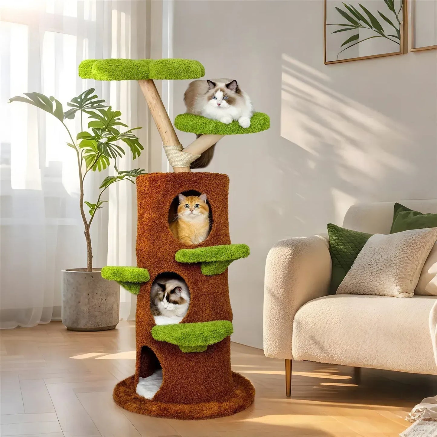 Large Multi-Level Cat Tree Tower in Green & Brown with Plush and Wood Design, 61x148cm - Image 8