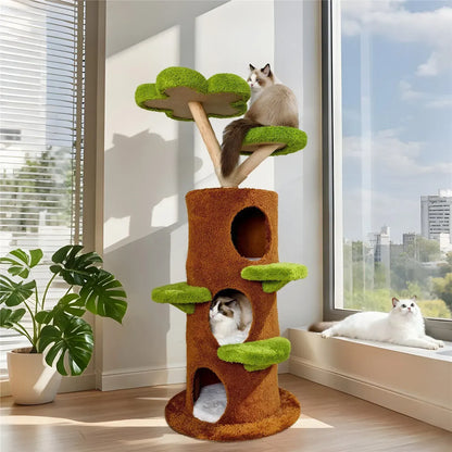 Large Multi-Level Cat Tree Tower in Green & Brown with Plush and Wood Design, 61x148cm - Image 9