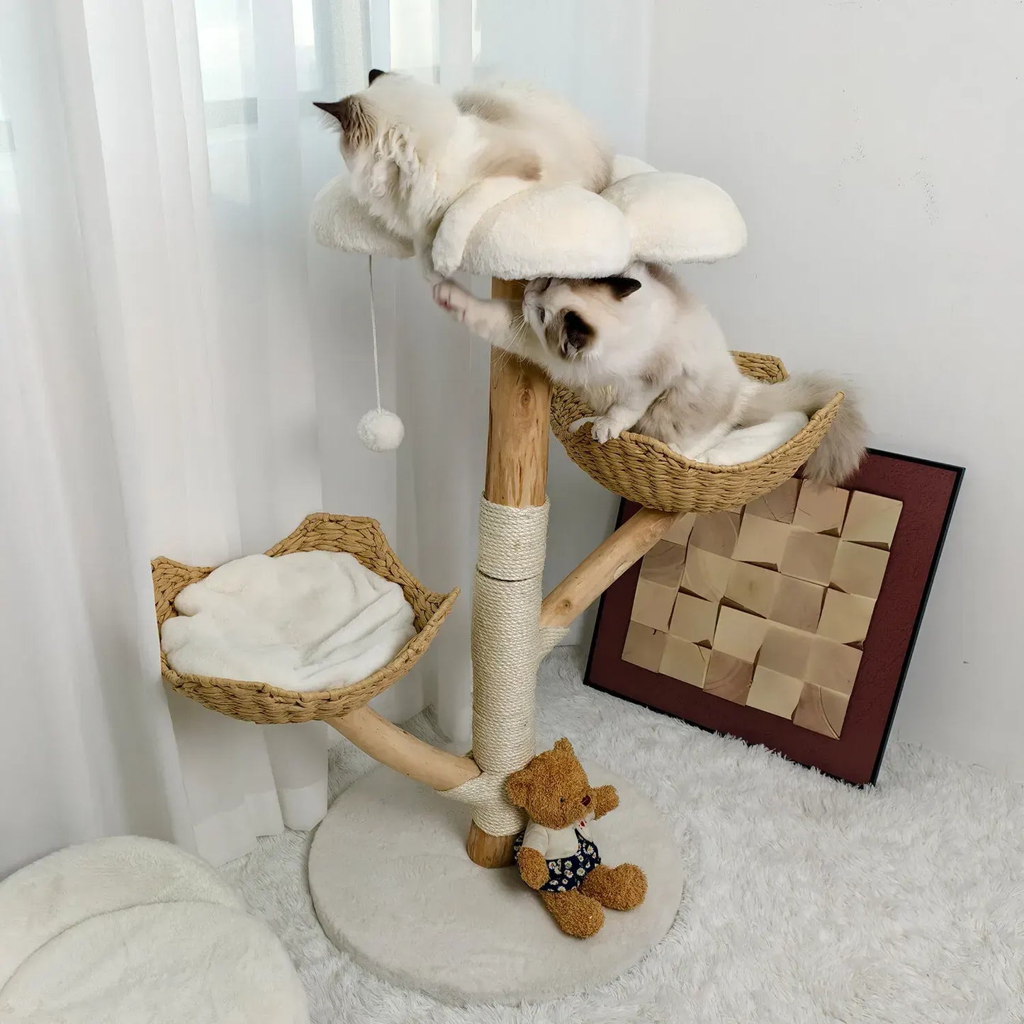 Real Wood Cat Tree Tower in Natural Wood for Indoor Cats Up to 10KG, 60x111cm - Image 5