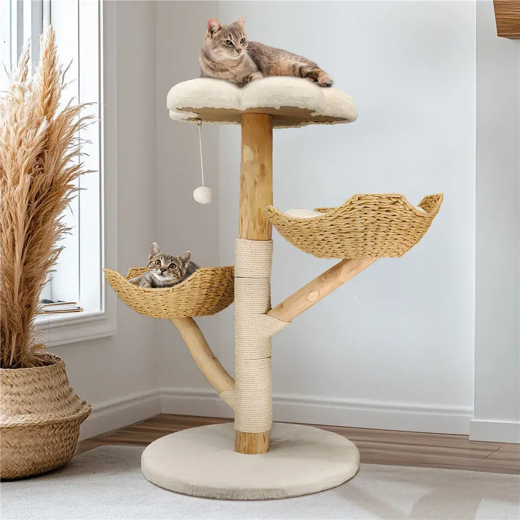 Real Wood Cat Tree Tower in Natural Wood for Indoor Cats Up to 10KG, 60x111cm - Image 8