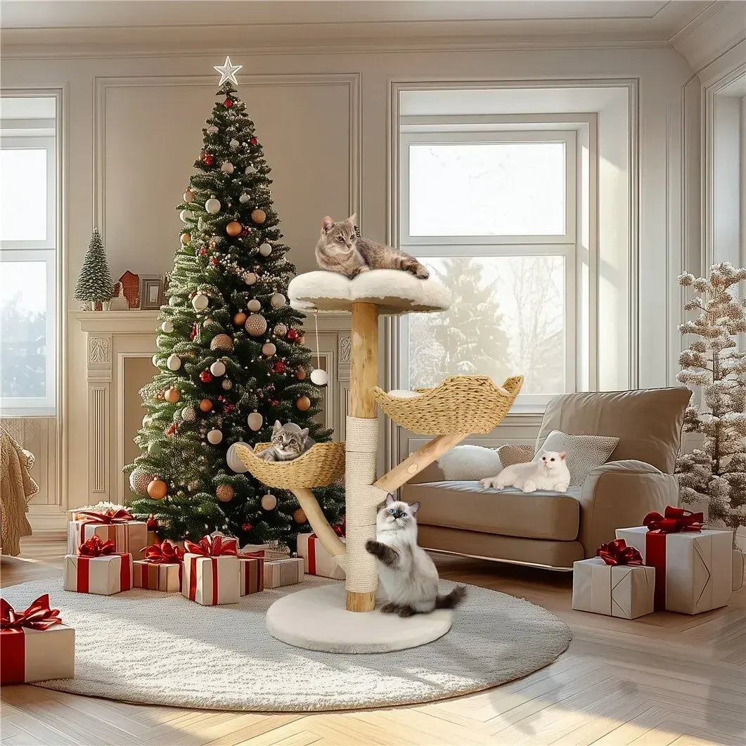 Extra Large Black Cat Tree Tower with Real Wood and Wicker Basket, 60x111cm - Image 2