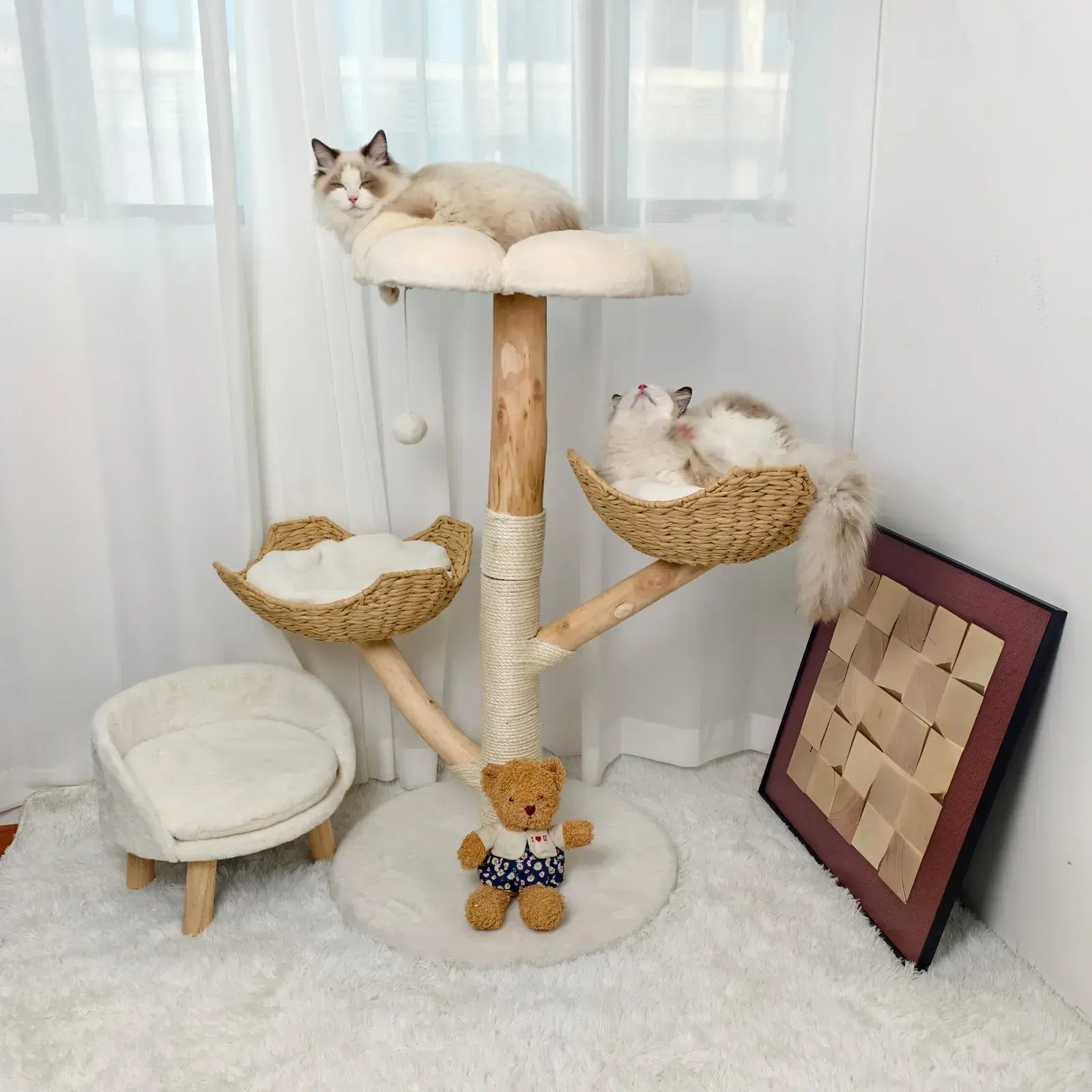 Extra Large Black Cat Tree Tower with Real Wood and Wicker Basket, 60x111cm - Image 3
