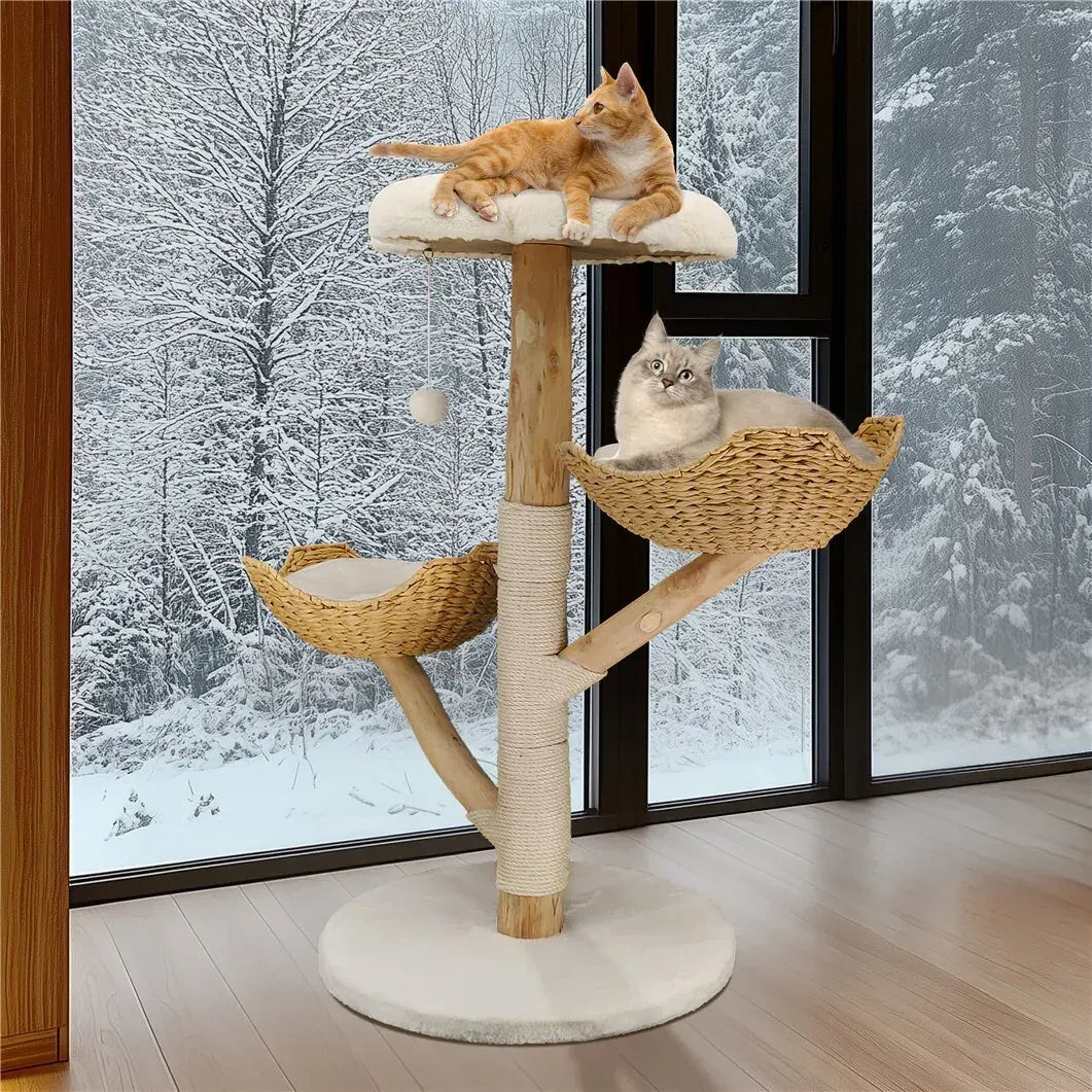 Extra Large Black Cat Tree Tower with Real Wood and Wicker Basket, 60x111cm - Image 6